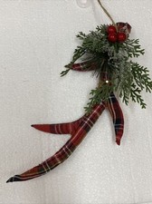 Large Plaid Covered DEER ANTLER W/ Greenery CHRISTMAS TREE ORNAMENT New