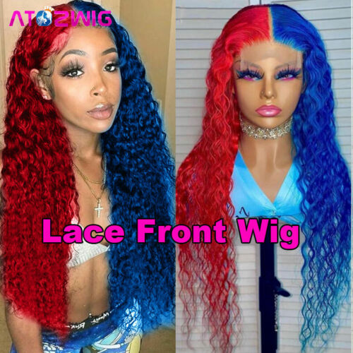 Lace Front Two Tone Wig Half Red Half Blue Wig Synthetic Hair Wig Heat  Resistant | eBay