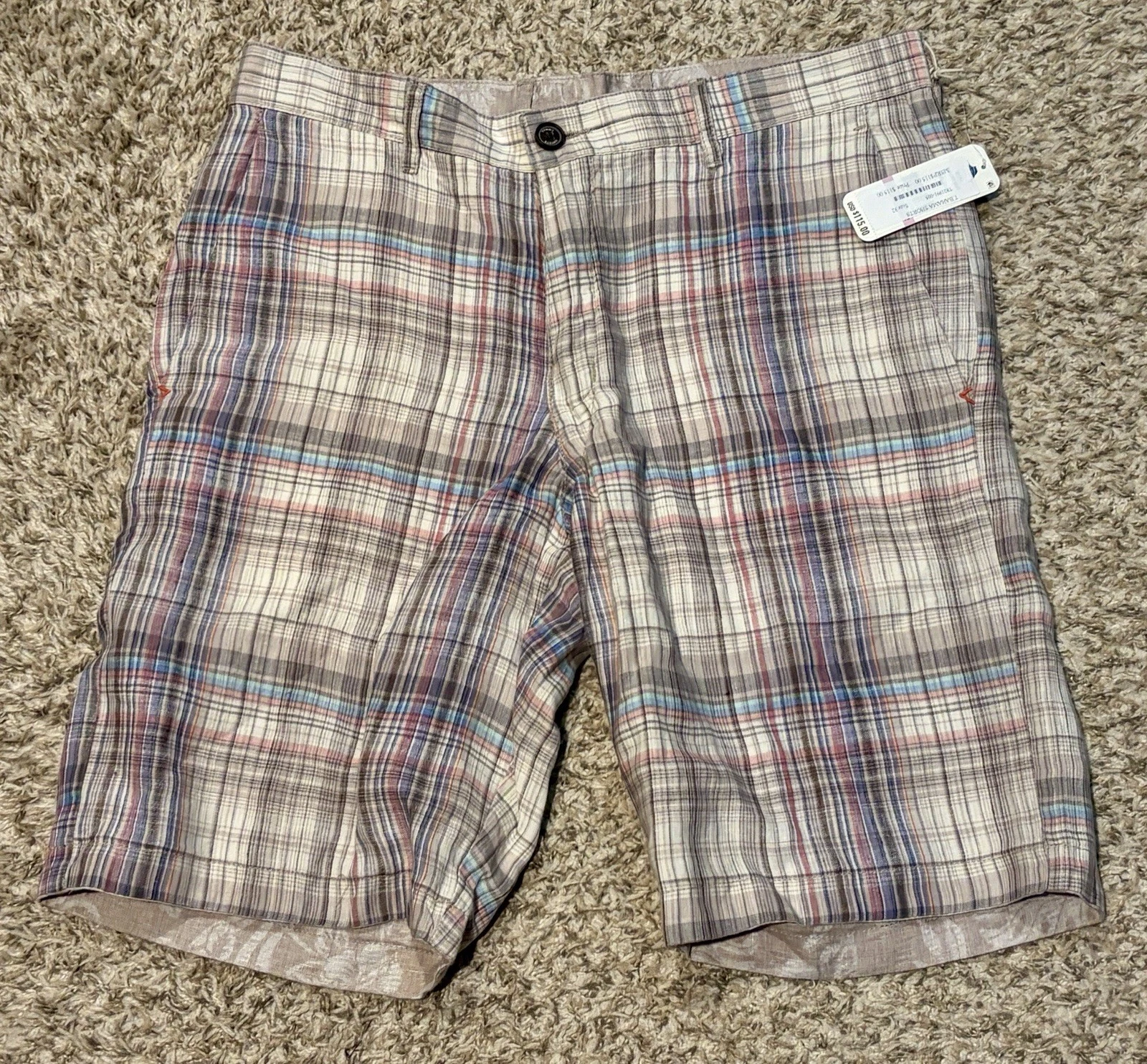 NWT Tommy Bahama Size 32 Reversible Shorts 100% Linen Plaid / Floral AOP Graphic