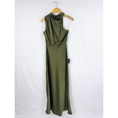 Lulus Distinctive Charm Satin Asymetrical Maxi Dress Women's Small Olive Green
