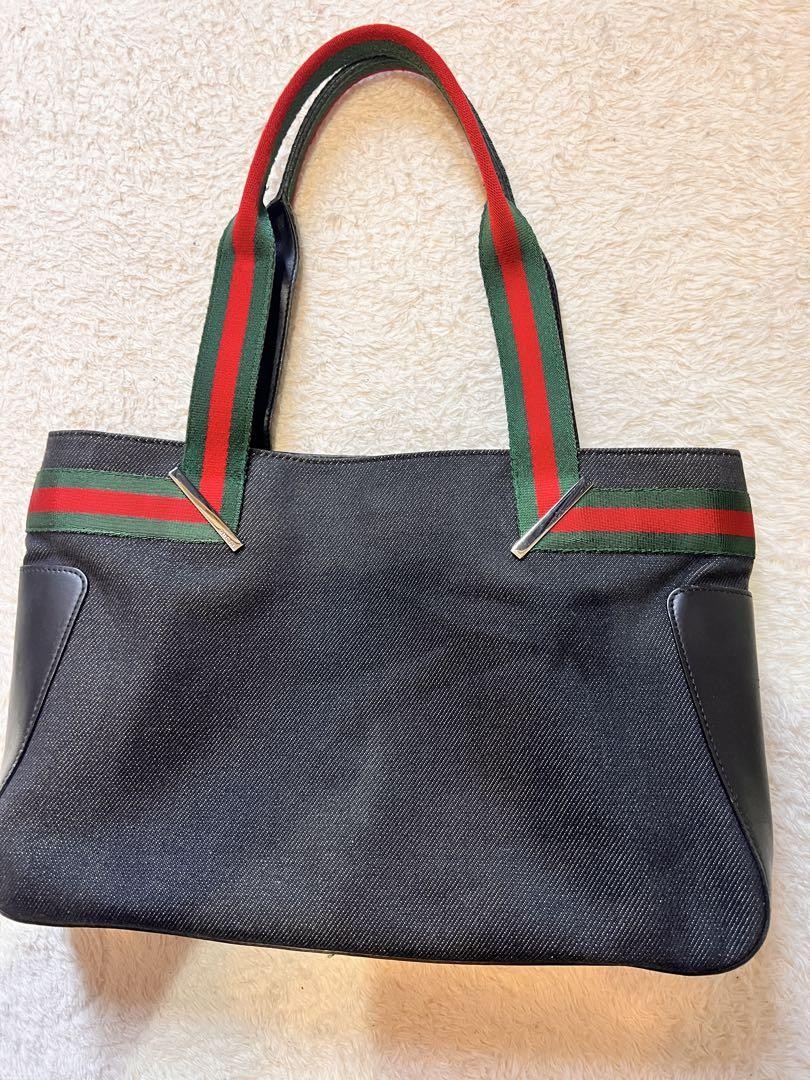 Gucci Black Canvas Tote with Leather Trim and Green Red Stripe Pre-Owned-image