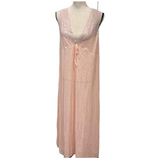 Nightgown Peach 70s Prairie Style Union Made Lace Trim Size Large Vintage