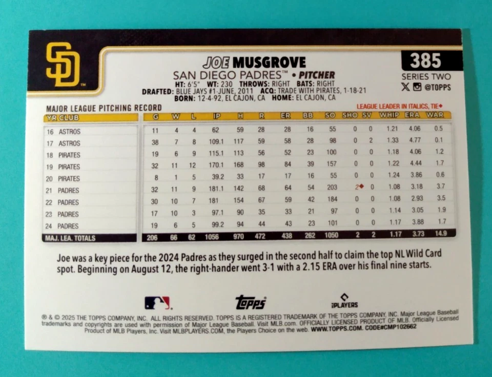 2025 TOPPS BASEBALL  *** Joe Musgrove: Diamante Foil ***  #385 - Image 2 of 2