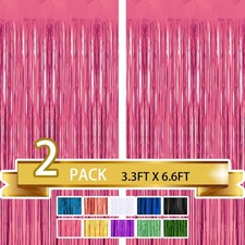 Pink Metallic Tinsel Foil Fringe Curtains 2 Pack Party Photo Backdrop Decor