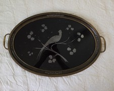 Antique Wooden Butler Dresser Serving Tray Metal Handles Felt Back Bird Pheasant