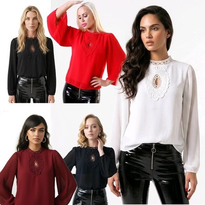 Damen Bluse mit Makramee Spitze, elegant, Langarm, Plissee, APARMU nova 