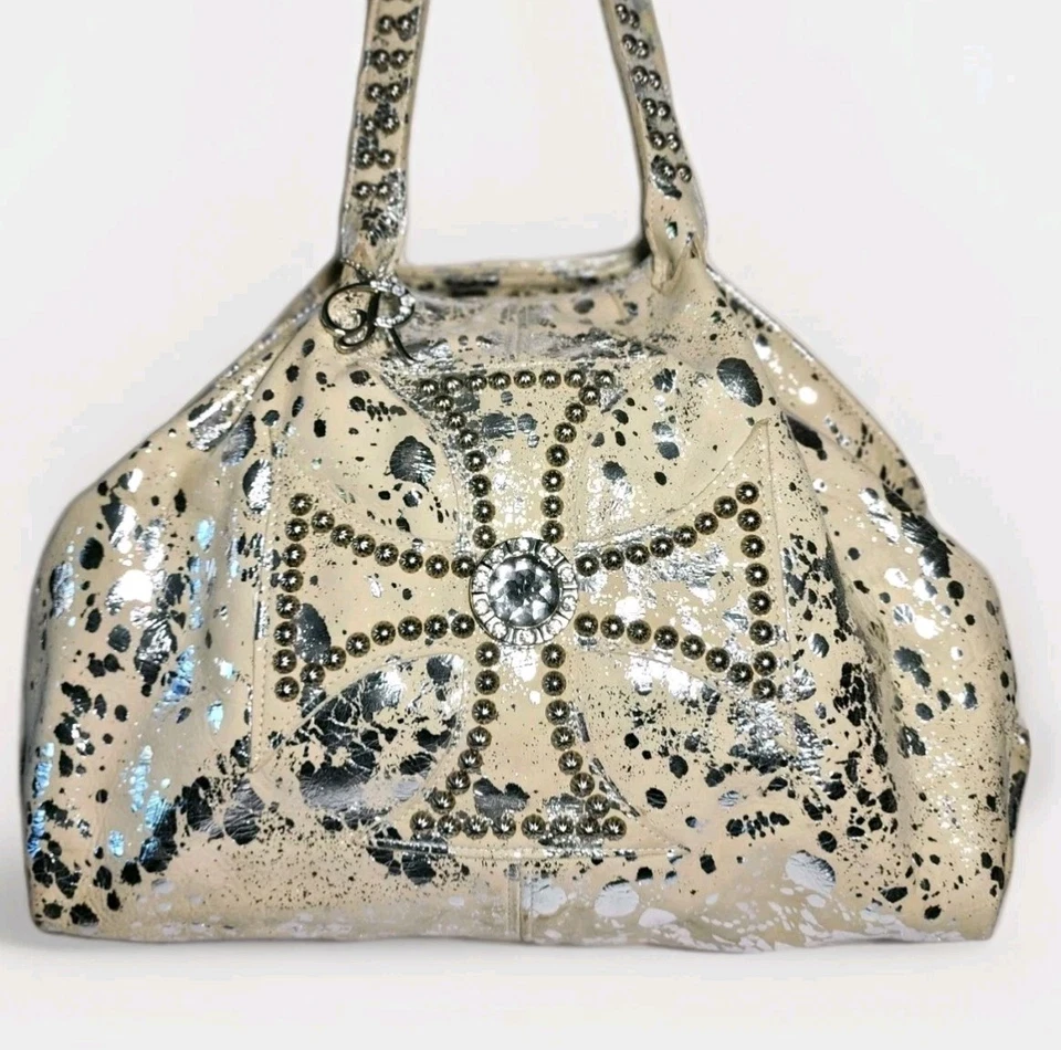 CRYSTALS RAVIANI TOTE EMBELLISHED 3D CROSS ON CREAM SUEDE W SILVER SPLASHES $545
