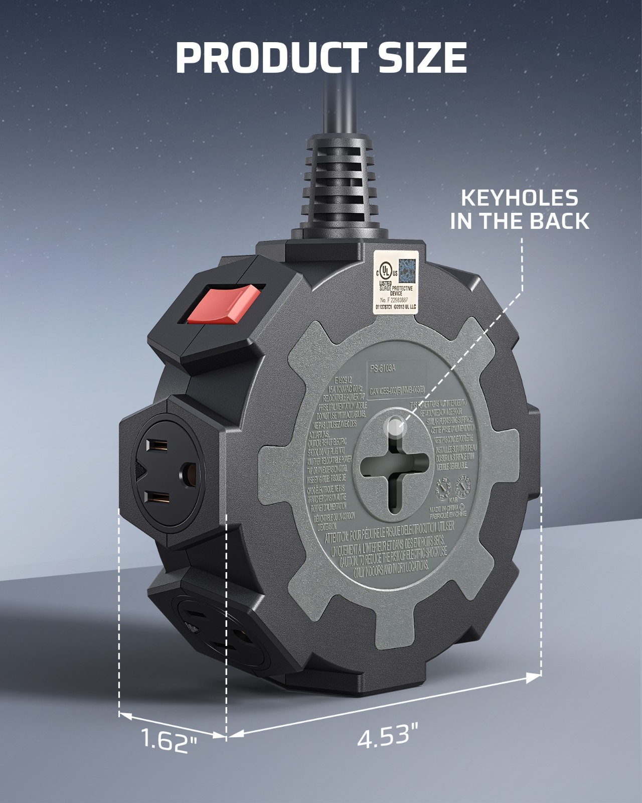 DEWENWILS Industrial Power Strip with 6-Outlet Power Hub, 15FT, SJTW Black