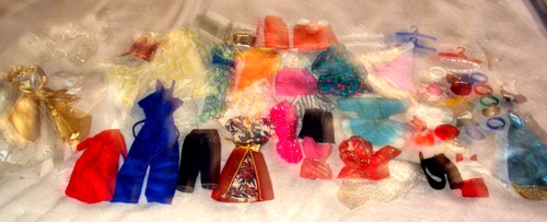 HUGE VINTAGE LOT OF 68-BARBIE CLOTHES, DRESSES, PANTS, COATS, SHOES, ACCESS.