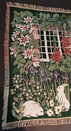 VTG Goodwin Weaver Tapestry Throw Blanket MEADOW BUNNIES Rabbit Easter 55x45 - Picture 7 of 8