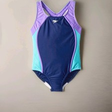 Speedo Girl's Splice Flipback Athletic Swimsuit Multi Color Block Open Back 10