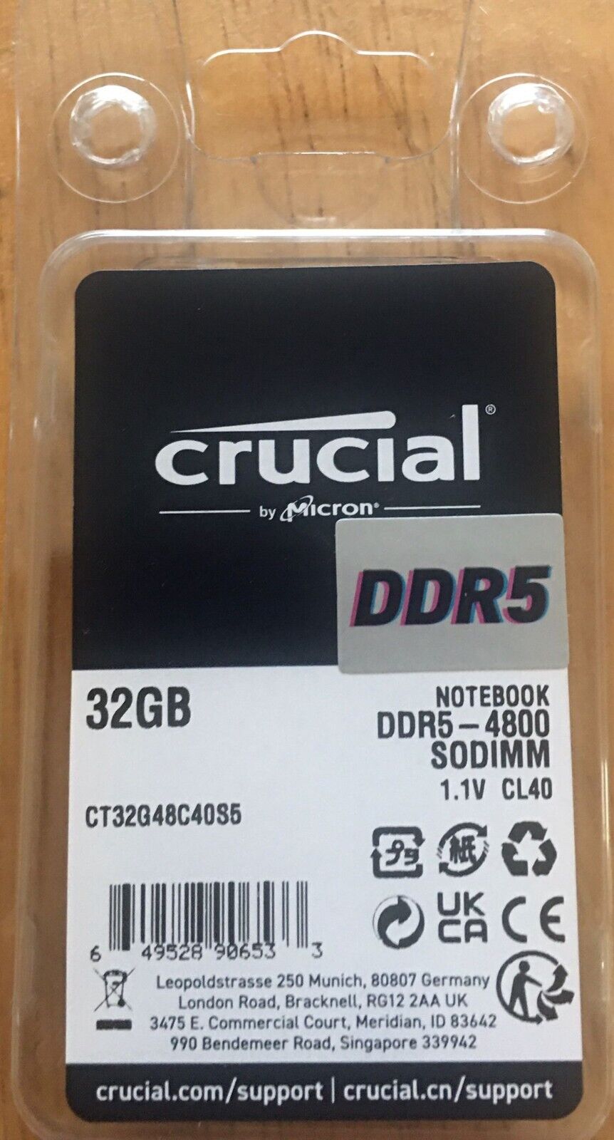 Crucial RAM 32GB DDR5 4800MHz CL40 Laptop Memory CT32G48C40S5 Black