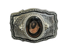 Vintage Belt Buckle Silver Tone Etched Decor Glass Cabochon 3 1/4"x2 1/4"