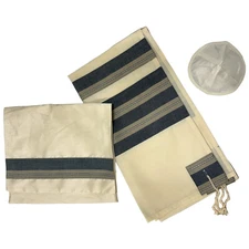 Off White Wool Talis Tallit Prayer Shawl With Dark Gray, Beige Stripes