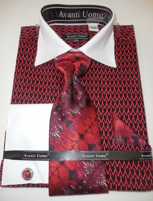 Mens Red Black French Cuff Dress Shirt 