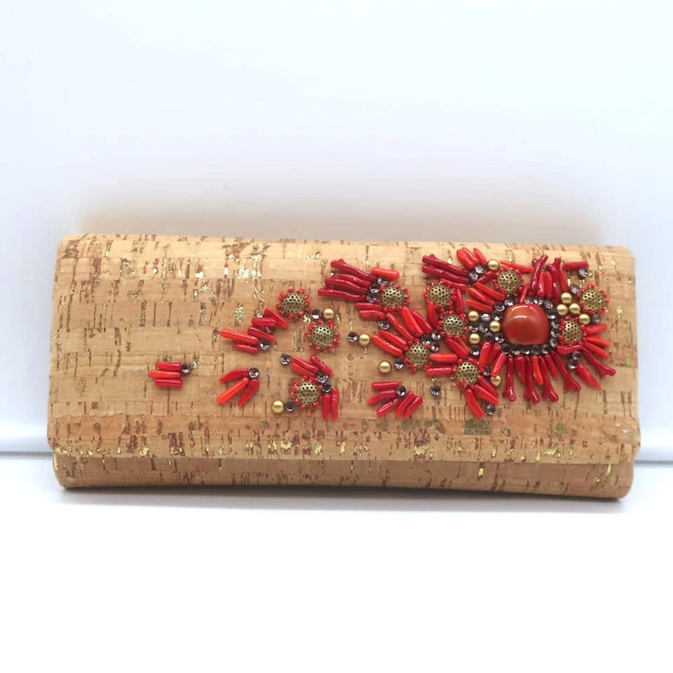 Bolsa de ombro pequena Oscar de la Renta cortiça metálica com miçangas alça corrente - Imagem 3 de 4