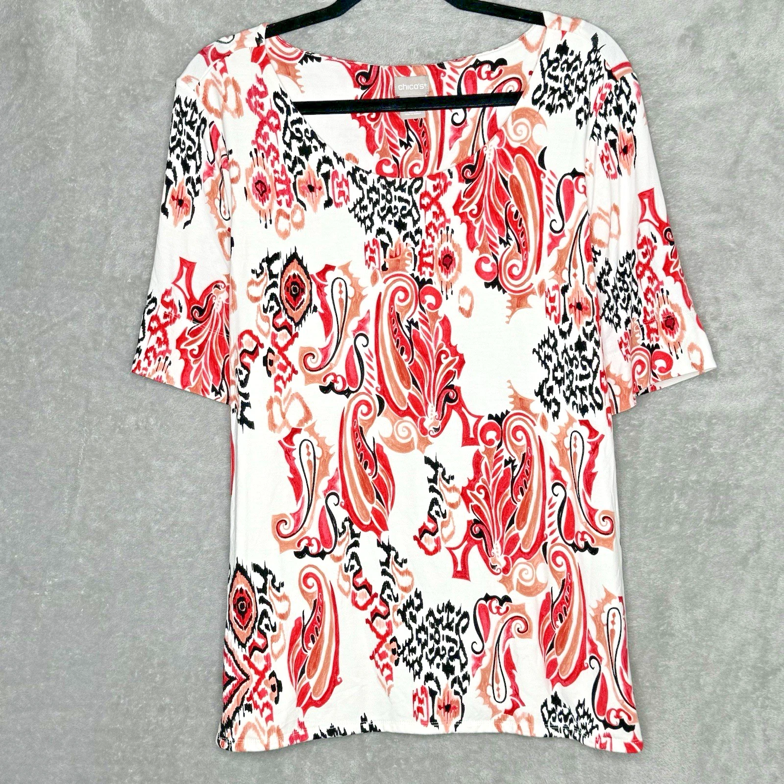 Chicos 3 Size XL Shirt Top Pink Paisley Short Sleeve Scoop Neck Stretch Knit