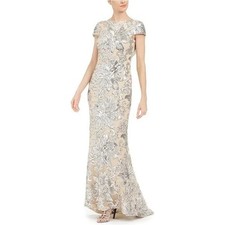Calvin Klein Sequined Cap Sleeve Draped-Back Champagne Gown Dress, Size 2