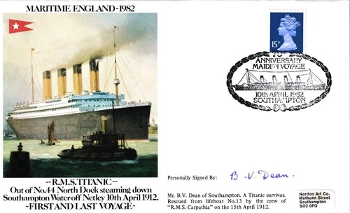 GB Nordon Cover: 1982 Titanic First & Last Voyage = Signed Mr BV Dean, Survivor