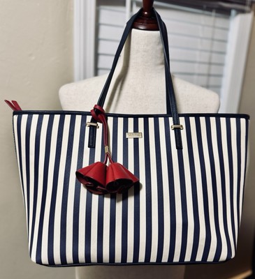 Oriflame Sweden Blue White Striped Soft Leather Tote, Shoulder