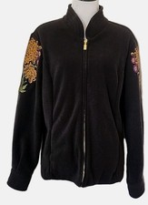 Bob Mackie Jacket Womens Sz XL Black Embroidered Floral Fleece Full Zip Artwear