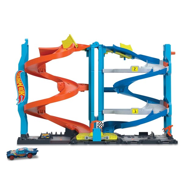 Hot Wheels City Trackset Mit 1 Auto, 2-In-1-Rennturm, Von Einzelbahn In Zweispur-image