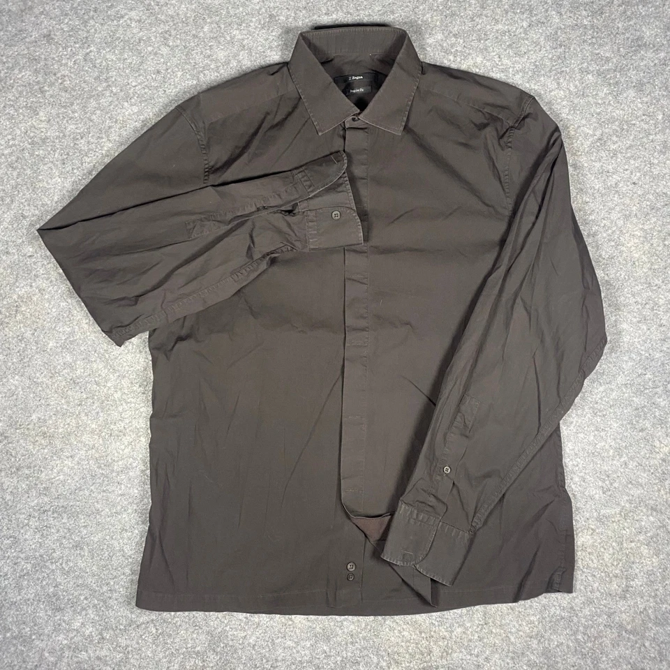 Z Zegna Men's Dark Brown Regular Fit Long Sleeve Button Down Shirt 42 16.5 - Image 2 of 4