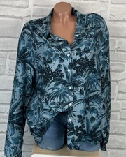 Damen Leinen Bluse Tunika Shirt Hemd Print Langarmhemd  42 44 46 Blau C520 NEU