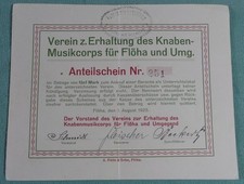Alter Anteilschein Fl&ouml;ha 1925 Musikcorps Sachsen Knabenmusikcorps Kauf Baracke