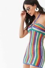 NWT Forever 21 Rainbow Stripe Crochet Halter Mini Dress Blogger Favorite Small