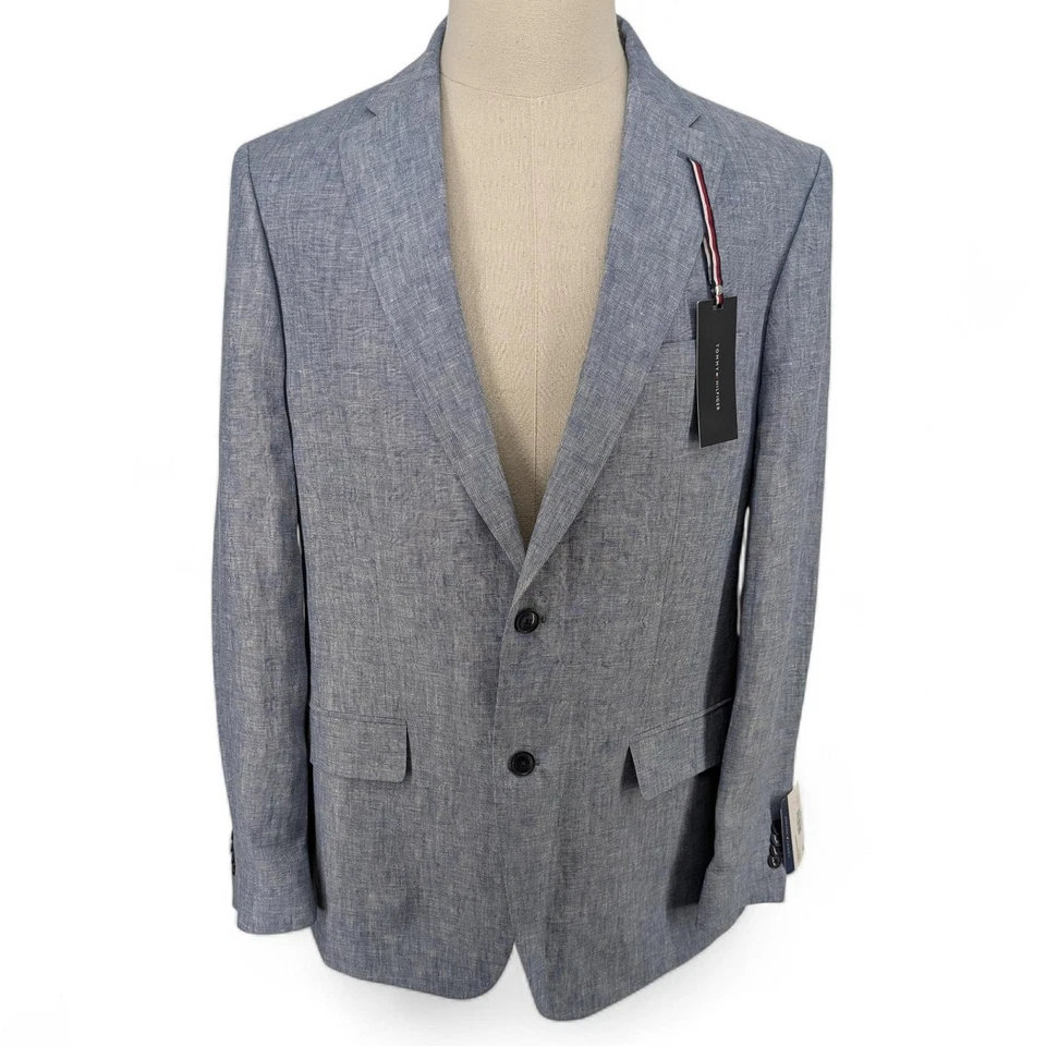 Tommy Hilfiger 男式现代贴合 100% 亚麻运动外套西装外套夹克蓝色 48 L — 第 2/4 张图片