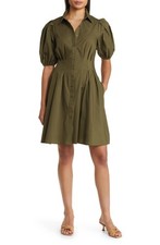 Eliza J Women's Short Puff Sleeve Cotton Mini Shirt Dress Olive Size 8