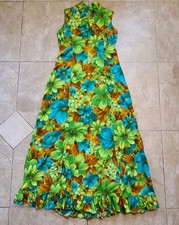 Vintage Hawaiian Barkcloth Maxi Dress Green Blue Floral Dayglo Ruffle Collar XS