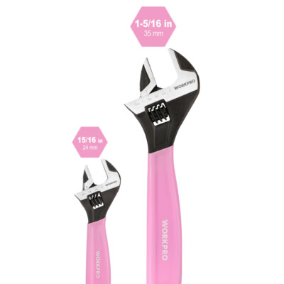 WORKPRO 2PCS Pink Adjustable Wrench Set 6'' 10'' Wide Jaw Black Oxide Metric & SAE