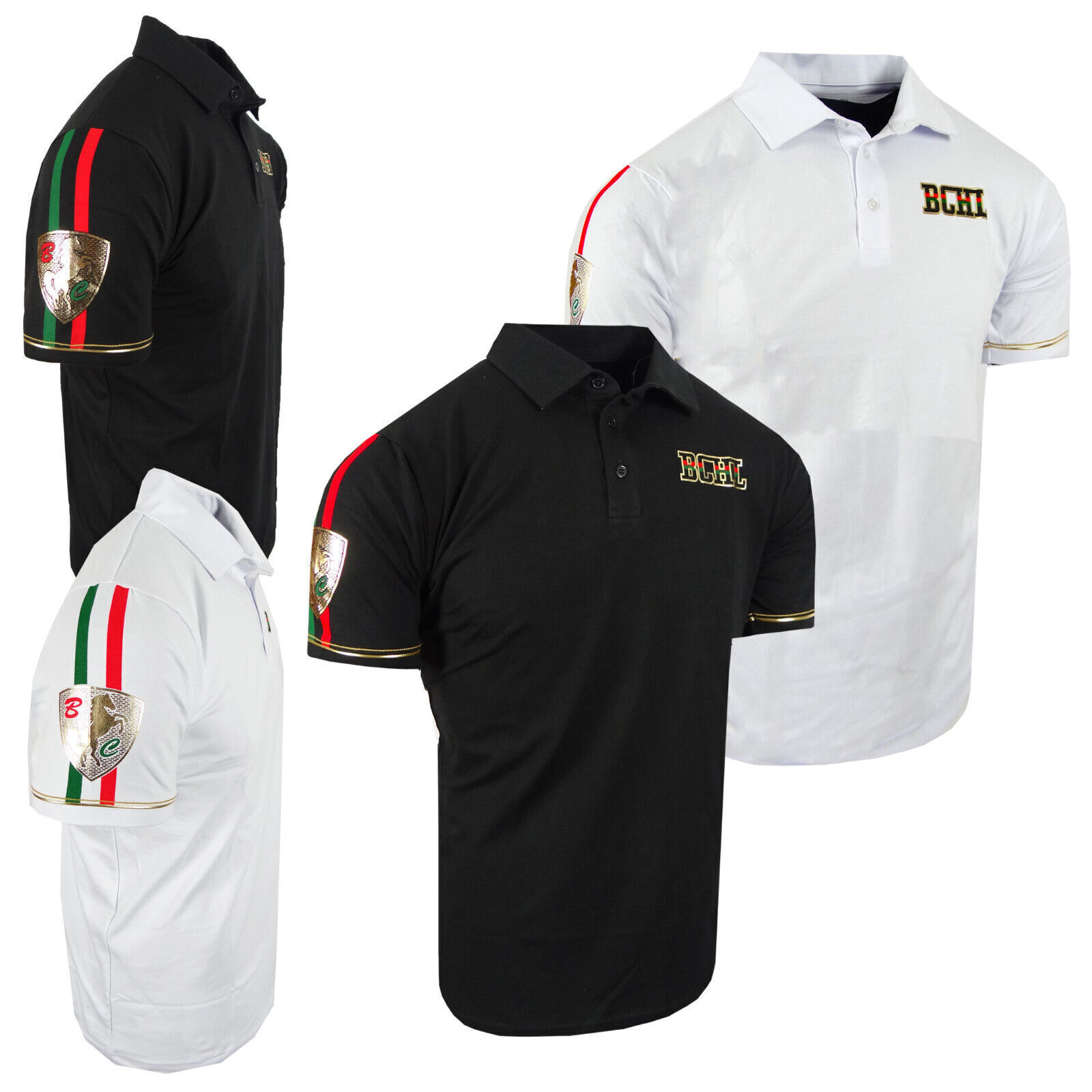 Polo Shirt Mens Bucheli Italian Shiny Gold Racehorse Chest Logo Slim Fit Stretch-image