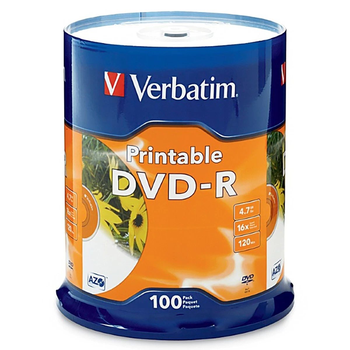 Verbatim DVD-R 4.7GB 16x 120Min AZO Printable Media Disc 100 Disc Spindle 95153