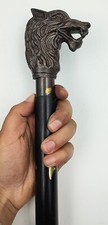 Copper Antique Wolf Head Handle Black Wooden Tactical Walking Stick Cane Gift