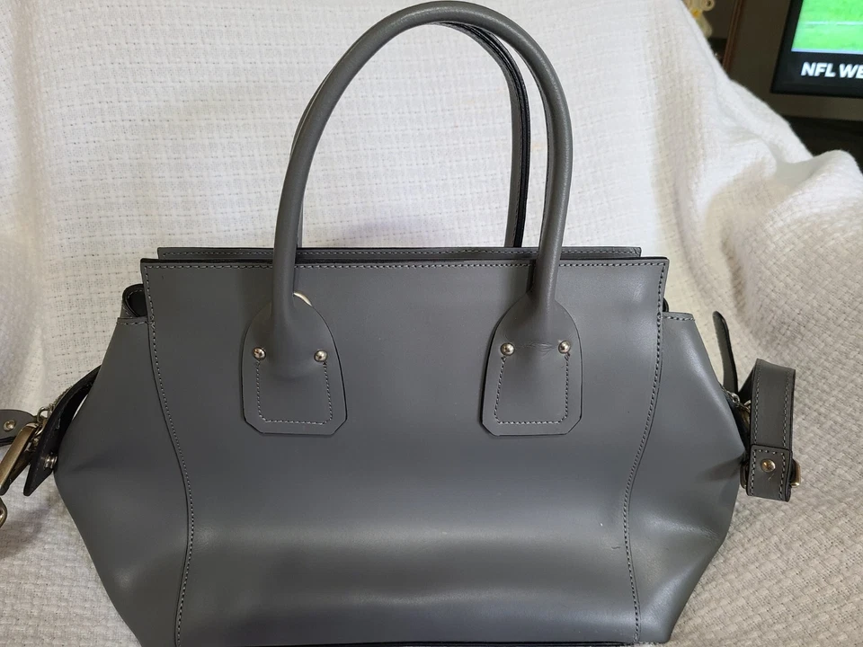 Nicoli Gray Leather Top Handle Satchel Quiet Luxury Handbag - Image 2 of 4