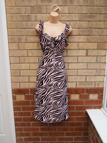 G21 PINK PARTY ZEBRA ANIMAL PRINTTIE NECK SLEEVELESS A LINE SPLIT MIDI DRESS 16 - Picture 4 of 8
