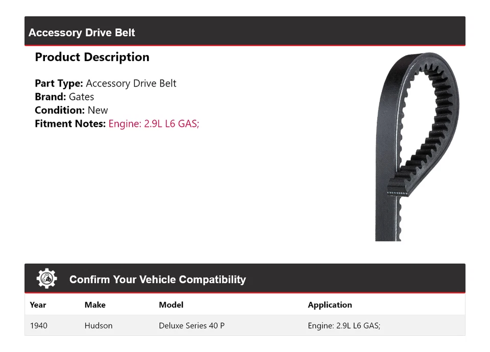 Para 1940 Hudson Deluxe Series 40 P 2.9L L6 Accesorio GAS Correa de transmisión Puertas Foto 2 de 4