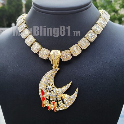 Soul Eater Moon Pendant 16'' 18'' 20'' Iced Simulated Baguette Stone Chain Necklace