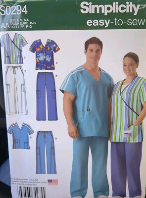 Simplicity pattern S0294 scrub tops & pants S M L 40-50 Male Female UC FF