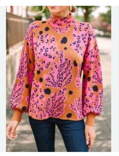 New! NWT Fate Curve Janice Turtleneck Camel and Hot Pink Leopard Sweater 1XL MS - Picture 3 of 20
