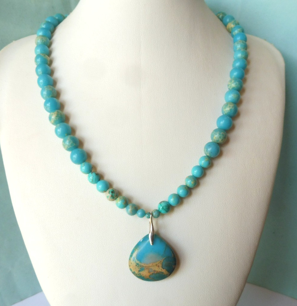 Collier Turquoise de Perse bleue en argent massif 145 Carats - Bijou femme 44cm