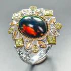 Super Top AAA+ 5 ct+ Natural Black Opal Ring 925 Sterling Silver Size 8 /R464173