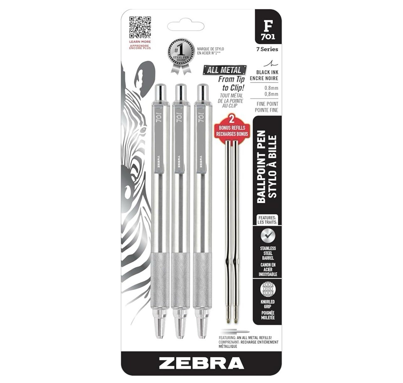 Zebra Pen F701 Retractable Ballpoint Pen 0.8mm Fine Point Stainless Steel Barrel
