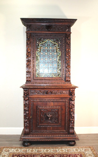 French Black Forest Oak Renaissance Stained Glass Door Bookcase / Cabinet