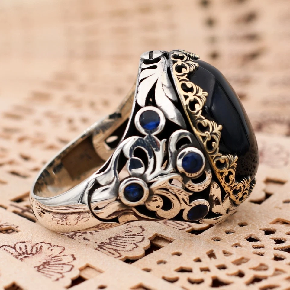 Anillo de plata de ley 925 con piedra de ojo de tigre azul estilo turco para hombre Foto 3 de 4