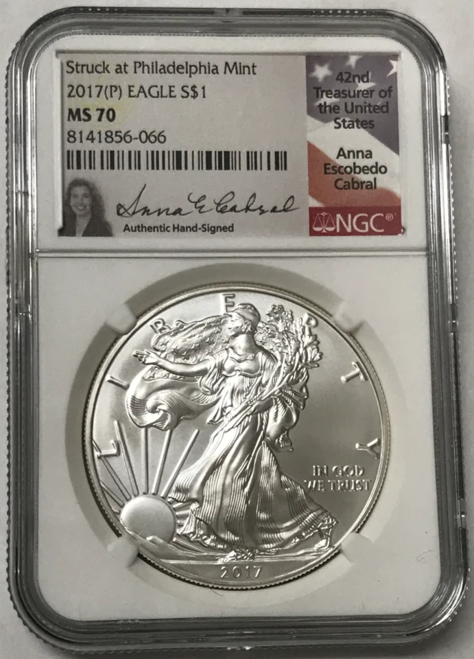 2017-P $1 SAE Silver Eagle NGC MS70 - Treasurer Anna Escobedo Cabral Signature - Image 1 of 4