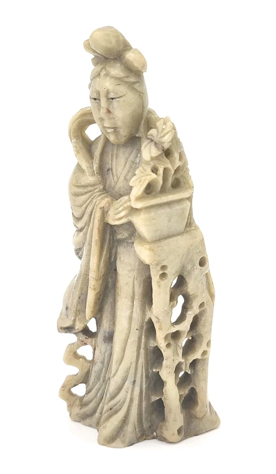 Estátua de lótus antiga chinesa da dinastia Qing esculpida à mão pedra-sabão Quan Yin GIft - Imagem 3 de 4